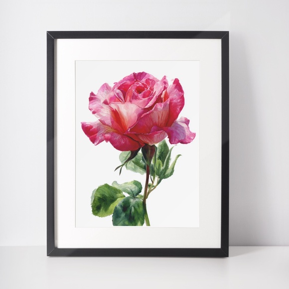 Watercolor Single Pink Rose Wall Art Print, Unframed - Delicate Floral Elegance - Picture 3 of 6
